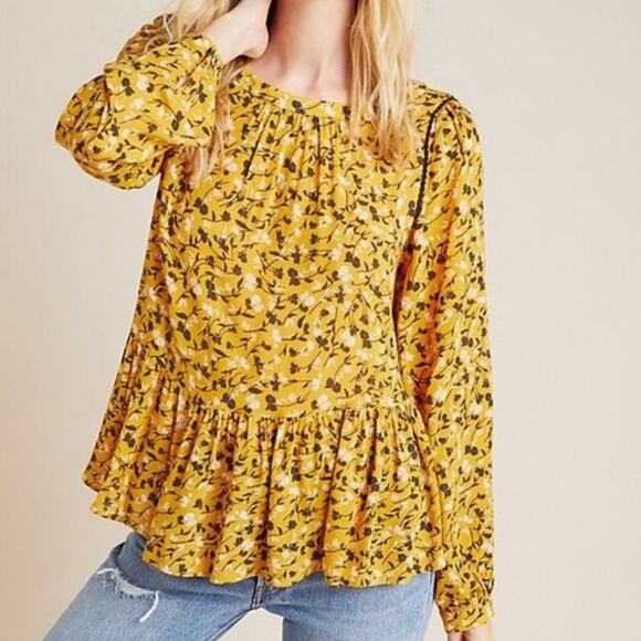 Anthropologie Maeve Cheyenne Mustard Yellow Peplum Top Blouse - size xs - Picture 11 of 11